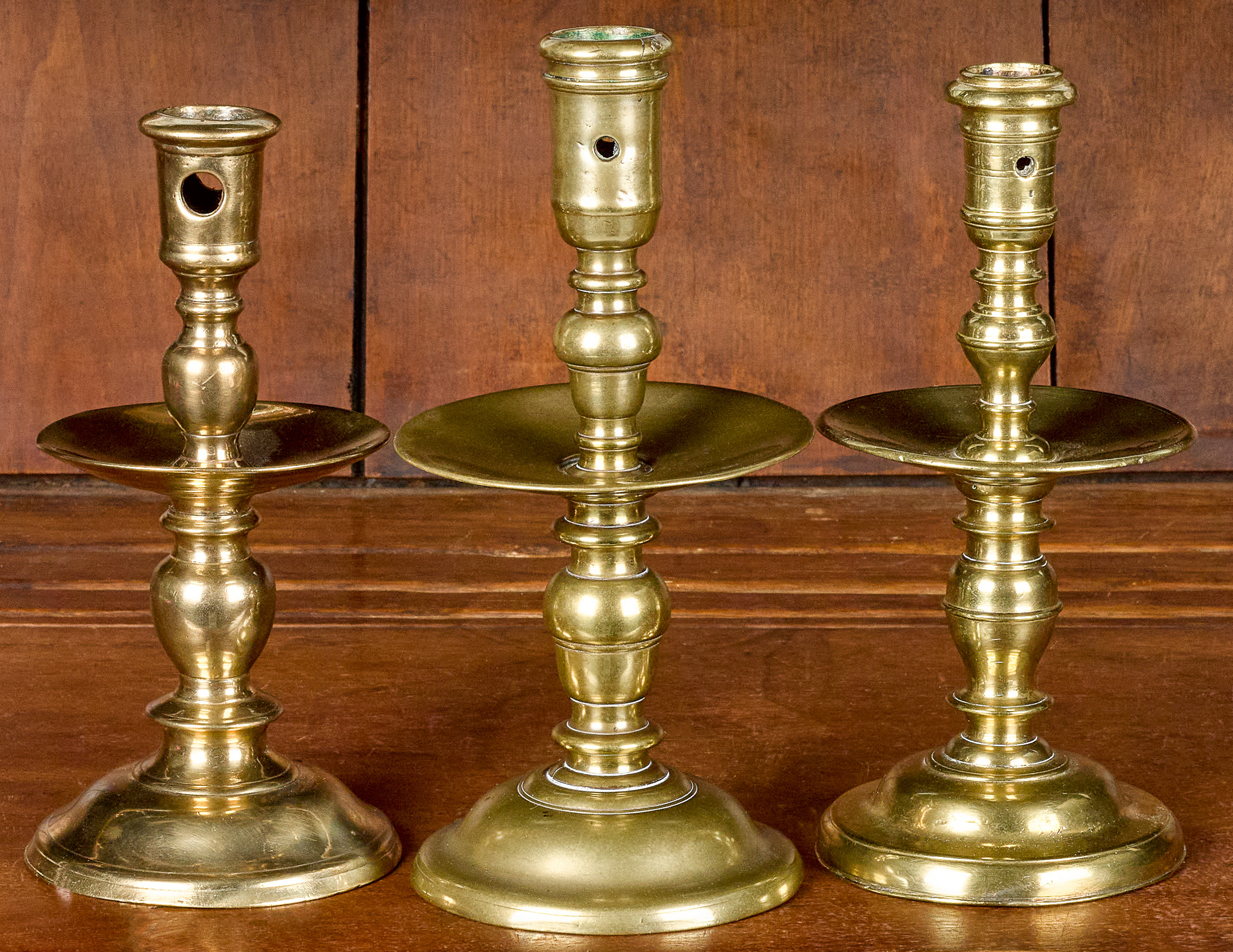 Lot - PAIR OF ENGLISH BRASS 'BEEHIVE' CANDLESTICKS AND A BRASS OIL